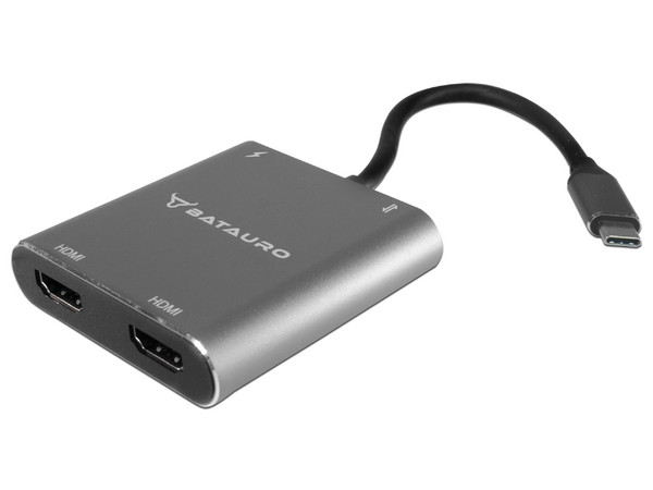 Adaptador Multipuertos Batauro AD-100 Conector en el Primer Extremo Usb Tipo C a 2 x HDMI, Usb Tipo C, Usb Tipo A. Color Plata.