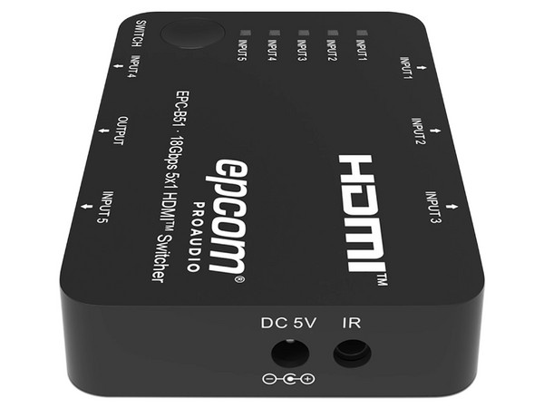 Divisor Splitter EpcomEPC-B51, 1 Puertos HDMI de Salida, 5 Puertos HDMI 2.0 de Entrada, 4K 60Hz, 18Gbps, Conmutación Automática. Color Negro.