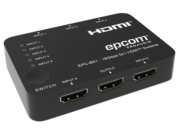 Divisor Splitter EpcomEPC-B51, 1 Puertos HDMI de Salida, 5 Puertos HDMI 2.0 de Entrada, 4K 60Hz, 18Gbps, Conmutación Automática. Color Negro.