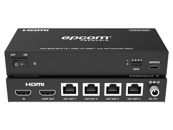 Divisor Splitter HDMI de 1 Entrada y 2 Salidas EPCOM EPC-SPB14E70, Resolucion Ultra HD 4K, Hasta 70m, 4 Puertos RJ-45. Color Negro.