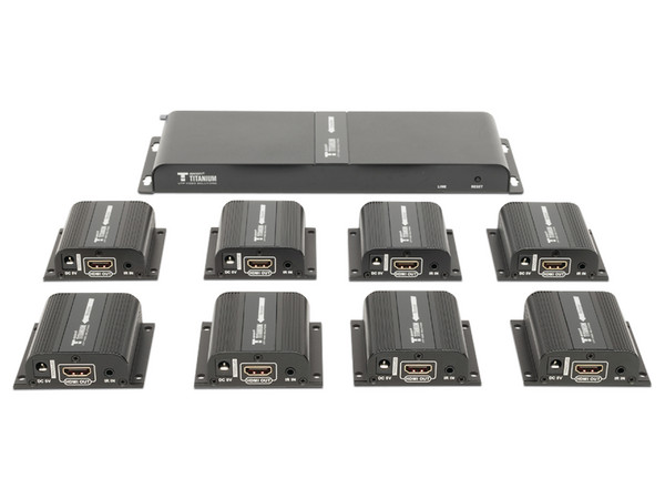 Kit Divisor y Extensor HDMI Epcom TT718PRO, Divide 1 Fuente HDMI a 8 Pantallas, Rango de señal de hasta 40m, 1080p 60Hz, Cat6/6a/7. Color Negro