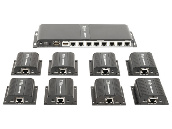 Kit Divisor y Extensor HDMI Epcom TT718PRO, Divide 1 Fuente HDMI a 8 Pantallas, Rango de señal de hasta 40m, 1080p 60Hz, Cat6/6a/7. Color Negro