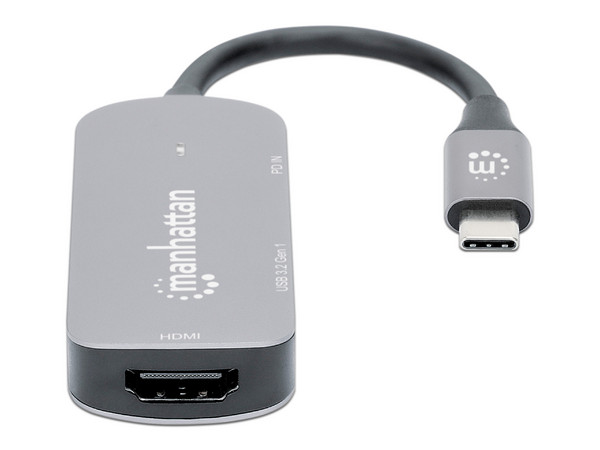 Hub USB Manhattan 190299, USB Tipo C a HDMI, USB Tipo A 3.2 y USB Tipo C, Color Gris.