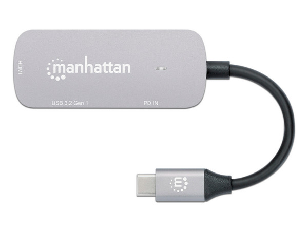 Hub USB Manhattan 190299, USB Tipo C a HDMI, USB Tipo A 3.2 y USB Tipo C, Color Gris.
