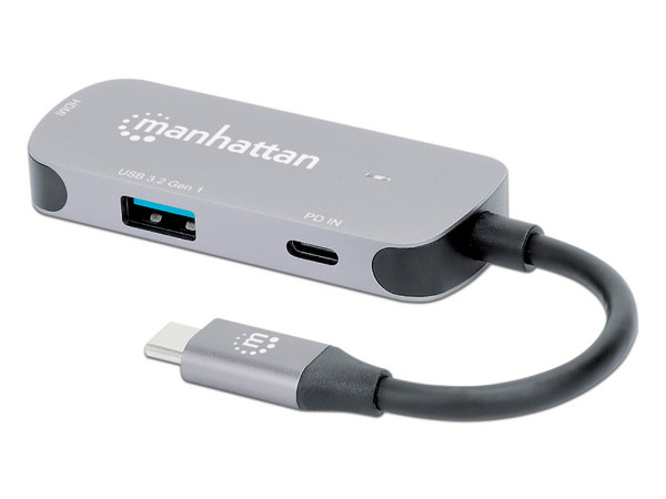 Hub USB Manhattan 190299, USB Tipo C a HDMI, USB Tipo A 3.2 y USB Tipo C, Color Gris.