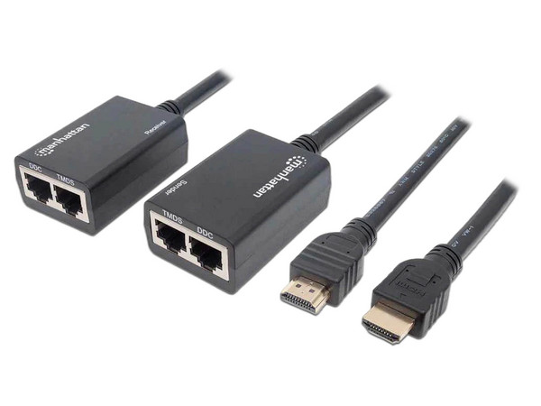 Extensor HDMI Manhattan 207386, Sobre Ethernet, HDMI - 2 Puertos RJ-45 (M-H), Soporta hasta 30m, Color Negro.