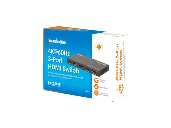 Switch MANHATTAN HDMI Switch 4K, 3 Entradas HDMI, 1 Salida HDMI, Color Negro.