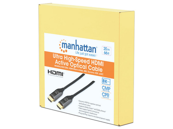 Cable de Video Manhattan 356183, HDMI 2.1 (M-M) de 20m, Enchapado en Oro, 4K 120Hz. Color Negro.