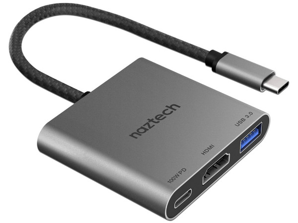 HUB 3 en 1 Naztech 15598, HDMI 4K, USB Tipo A, USB Tipo C, 100W, Color Plata.