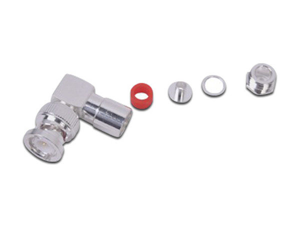 Conector BNC Macho RF Industries en ángulo recto de rosca para LMR-195, RG-58/U, RG-142/U.