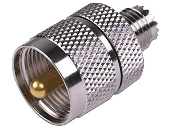 Adaptador en Línea RF Industries de Mini-UHF (H) a UHF (M) PL-259. Color Plata.