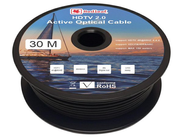 Cable Fibra Óptica HDMI Redleaf HDMIFO30, 30 Mts, V2.0, 4K a 60Hz, Color Negro.