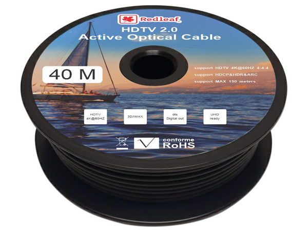 Cable Fibra Óptica HDMI Redleaf HDMIFO40, 40 Mts, V2.0, 4K, 60Hz, Color Negro.