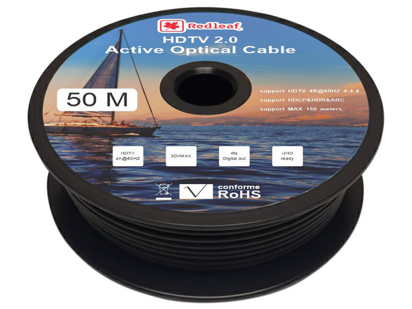 Cable Fibra Óptica HDMI Redleaf HDMIFO50, 50 Mts, V2.0, 4K, 60Hz, Color Negro.