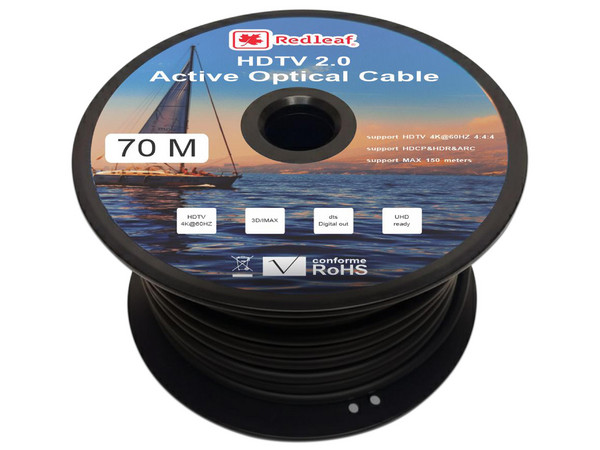 Cable Fibra Óptica HDMI Redleaf HDMIFO70, 70 Mts, V2.0, 4K, 60Hz, Color Negro.