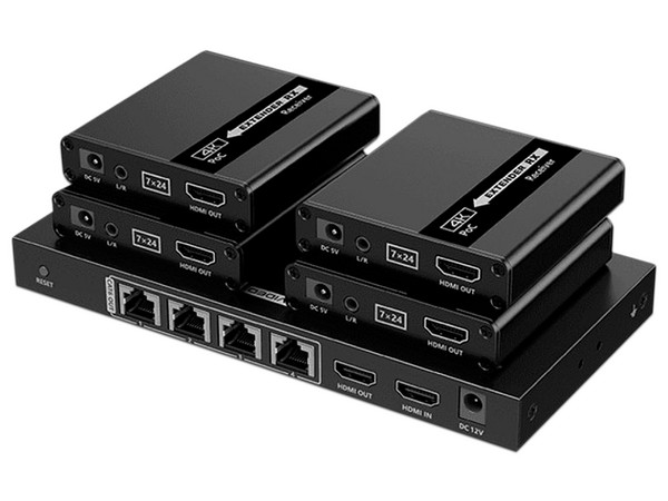 Kit de Extensor HDMI Saxxon LKV724P de 4 Puertos, Resolución 4K hasta 40m y 1080P hasta 70m, Loop HDMI, Cable Cat6/6A/7.
