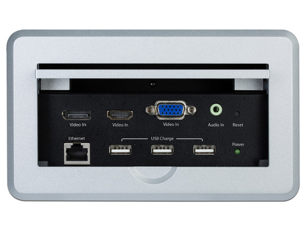Caja de Conectividad para Mesa de Juntas con Resolucion de 3840x2160 (4K) y módulo de conexiones HDMI, VGA y Mini DisplayPort.