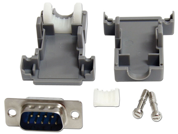 Conector D-SUB DB9 serial macho ensamblado con carcasa plástica.