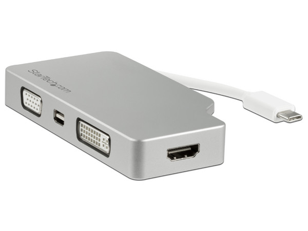 Convertidor 4 en 1 StarTech de audio y video para viajes, USB-C a VGA, DVI, HDMI o mini DisplayPort, 4K.