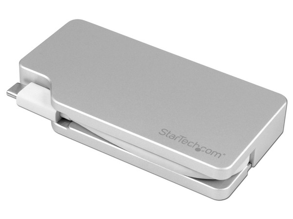 Convertidor 4 en 1 StarTech de audio y video para viajes, USB-C a VGA, DVI, HDMI o mini DisplayPort, 4K.