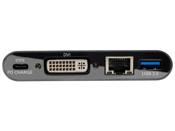 Adaptador Tripp Lite de USB-C a DVI, con puerto USB, USB-C y RJ45, Compatible con Thunderbolt 3. Color Negro.