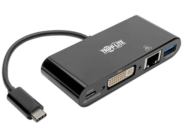 Adaptador Tripp Lite de USB-C a DVI, con puerto USB, USB-C y RJ45, Compatible con Thunderbolt 3. Color Negro.
