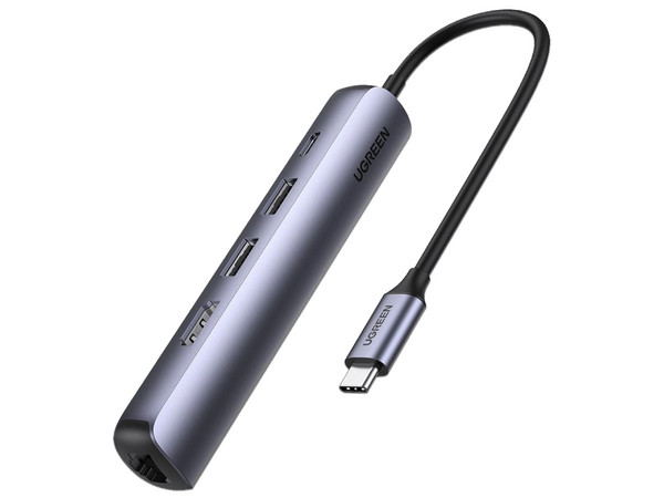 Hub USB-C UGREEN Ultradelgado, 2 x USB-A 3.0, 1 x USB-C de Carga PD 100W, 1 x HDMI, 1 x RJ-45.