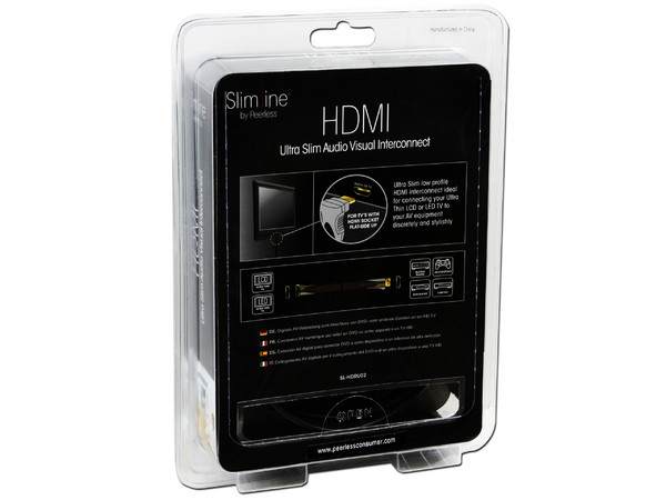 Cable Peerless Slimline HDMI 1.4 de alta velocidad con Ethernet (IPTV) M-M, 2.0m, con un conector HDMI en ángulo recto.