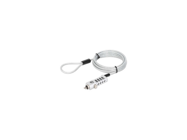 Candado con Combinación Noble-Wedge para Laptop 3 en 1, Nano y K-Slot, Combinación Reseteable de 4 Dígitos, Cable de Acero al Carbono de 1.8 Metros, Cubierta de PVC Translúcida, Color Plateado.