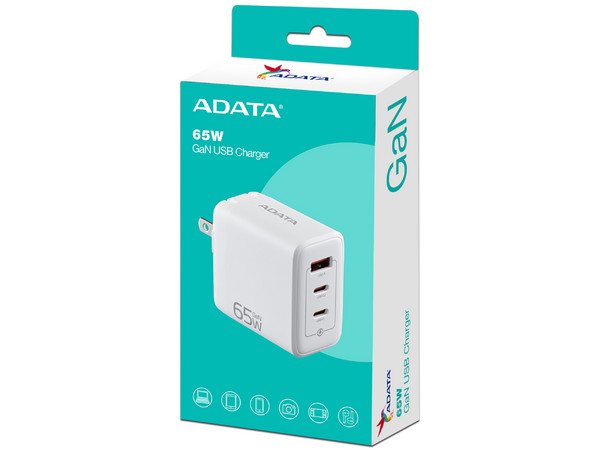 Cargador de pared ADATA Charger U CHARGERU-0653-QCPDWH de 65W con 2 puertos USB tipo C PD 3.0 y 1 puerto USB tipo A QC 3.0. Color Blanco.