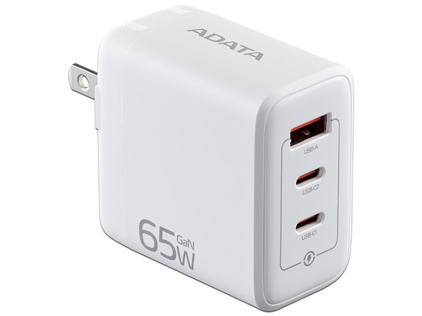 Cargador de pared ADATA Charger U CHARGERU-0653-QCPDWH de 65W con 2 puertos USB tipo C PD 3.0 y 1 puerto USB tipo A QC 3.0. Color Blanco.