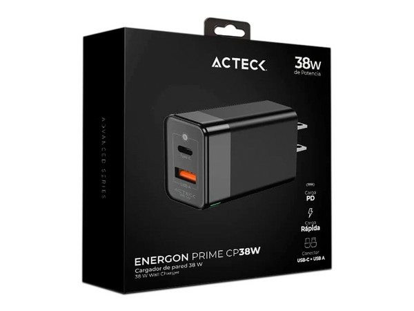 Cargador de pared Acteck Energon Prime AC-935562 de 38W con 1 puerto USB y carga rápida. Color Negro.