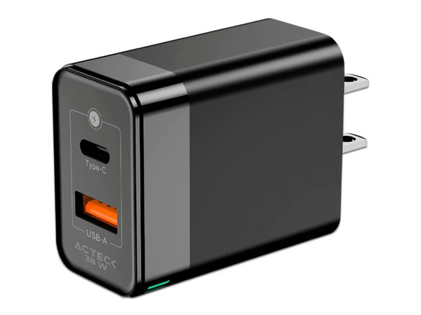 Cargador de pared Acteck Energon Prime AC-935562 de 38W con 1 puerto USB y carga rápida. Color Negro.