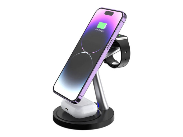 Cargador inalámbrico Acteck Energon S-Mate CI740 AC-937139 3 en 1 de hasta 15W para iPhone iWatch y AirPods. Color Negro.