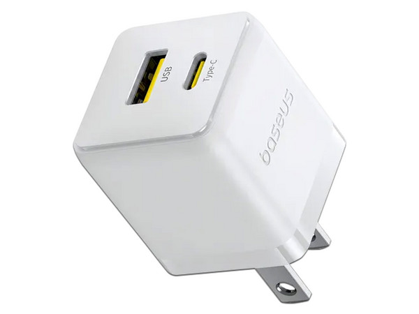 Cargador de Pared Baseus P10111609213-00 de 20W, USB Tipo C y Tipo A, Carga Rápida. Color Blanco.