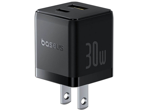 Cargador de Pared Baseus P1011160B113-00 de 30W, USB Tipo C y Tipo A, Carga Rápida. Color Negro.
