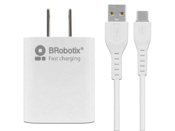 Cargador de pared BRobotix 6001318 de carga rápida 2.1A con cable USB tipo A a USB tipo C. Color Blanco.