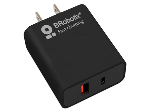 Cargador de pared BRobotix 6006658 de 18W con USB tipo A USB tipo C y carga rápida. Color Negro.