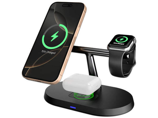 Base de carga inalámbrica HyperGear MaxCharge Pro 16189 3 en 1 de 15W para iPhone reloj y AirPods. Color Negro.