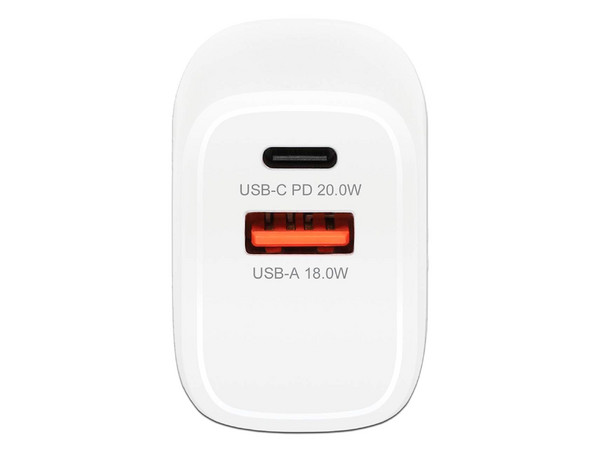 Cargador de pared Manhattan 406291 de 20W con USB tipo C PD y USB tipo A QC.