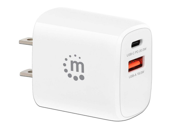 Cargador de pared Manhattan 406291 de 20W con USB tipo C PD y USB tipo A QC.