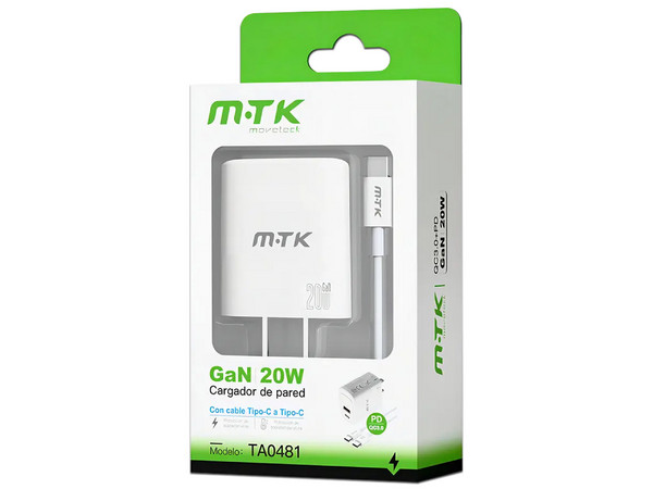 Cargador de Pared MTK 0054811 de 20W, Incluye cable USB Tipo C. Color Blanco.