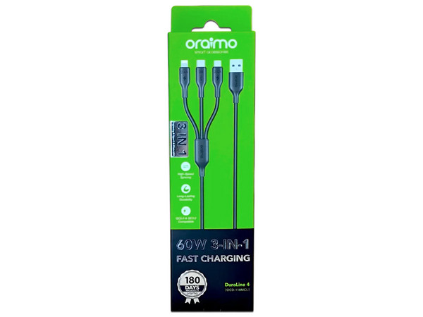 Cable de Carga USB ORAIMO Duraline 4, USB Tipo A a USB Tipo C, Micro USB y Lightning, 1m. Color Negro.