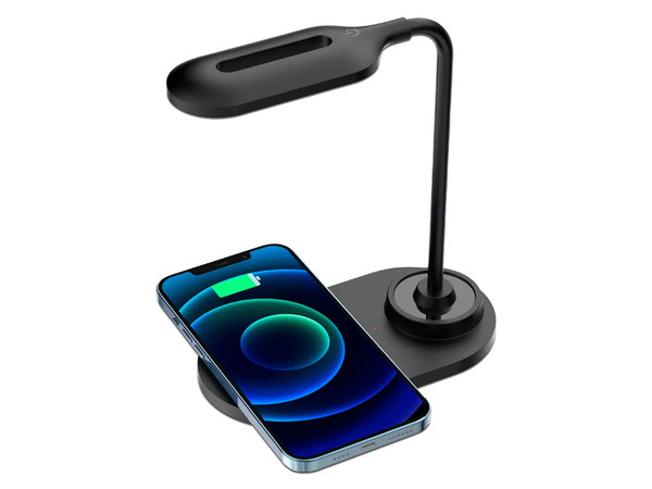 Cargador inalámbrico Perfect Choice Daylight PC-241058 de 15W con lámpara LED. Color Negro.
