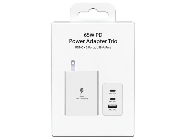 Cargador de pared Samsung Trio 14041003026 de 65W con 2 puertos USB tipo C y 1 puerto USB tipo A. Color Blanco.