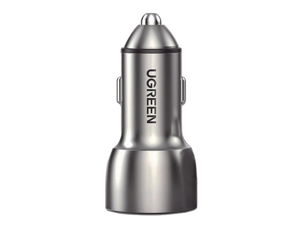 Cargador de Auto Ugreen de 4235W, 1 puerto USB-A QC 3.0 y 1 puerto USB-C PD 3.0, Voltaje de entrada 12 y 24V. Color Gris.