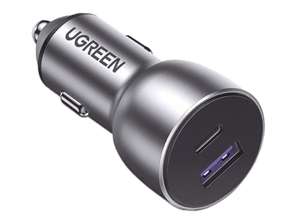 Cargador de Auto Ugreen de 4235W, 1 puerto USB-A QC 3.0 y 1 puerto USB-C PD 3.0, Voltaje de entrada 12 y 24V. Color Gris.