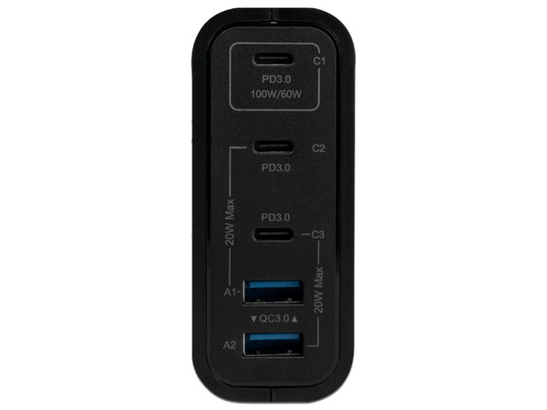 Cargador de pared Vorago AU-600 de 100W con 2 puertos USB tipo A 3.0 3 puertos USB tipo C 3.0 y carga rápida. Color Negro.