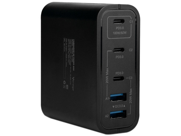 Cargador de pared Vorago AU-600 de 100W con 2 puertos USB tipo A 3.0 3 puertos USB tipo C 3.0 y carga rápida. Color Negro.