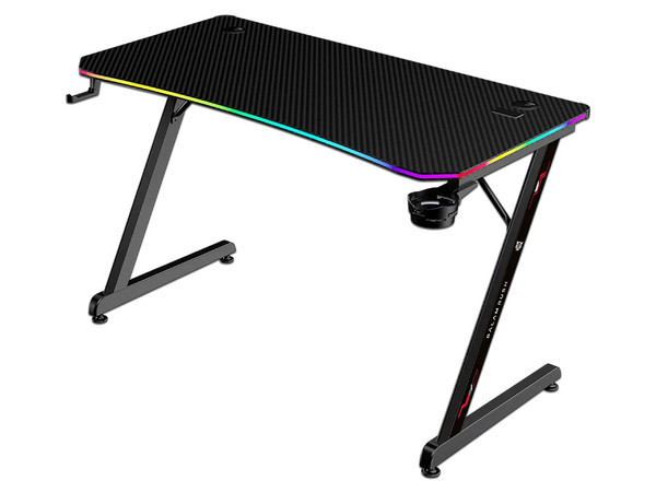 Escritorio Gamer Ergonómico Olympus Spot Glow Pro MRX8000, Estructura Z, 120 x 60 cm, Soporta hasta 100 kg, ABS, PC, Acero, Aglomerado de 18 mm, Recubrimiento de melamina en fibra de carbono, RGB, 1 Gancho, 1 Porta Vasos, Legend, Negro.